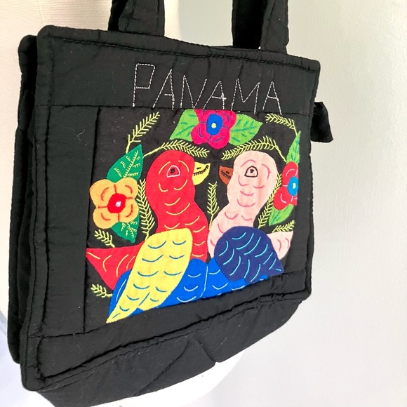 Vintage black mola embroidered souvenir tropical birds Panama purse handbag - Picture 2 of 5